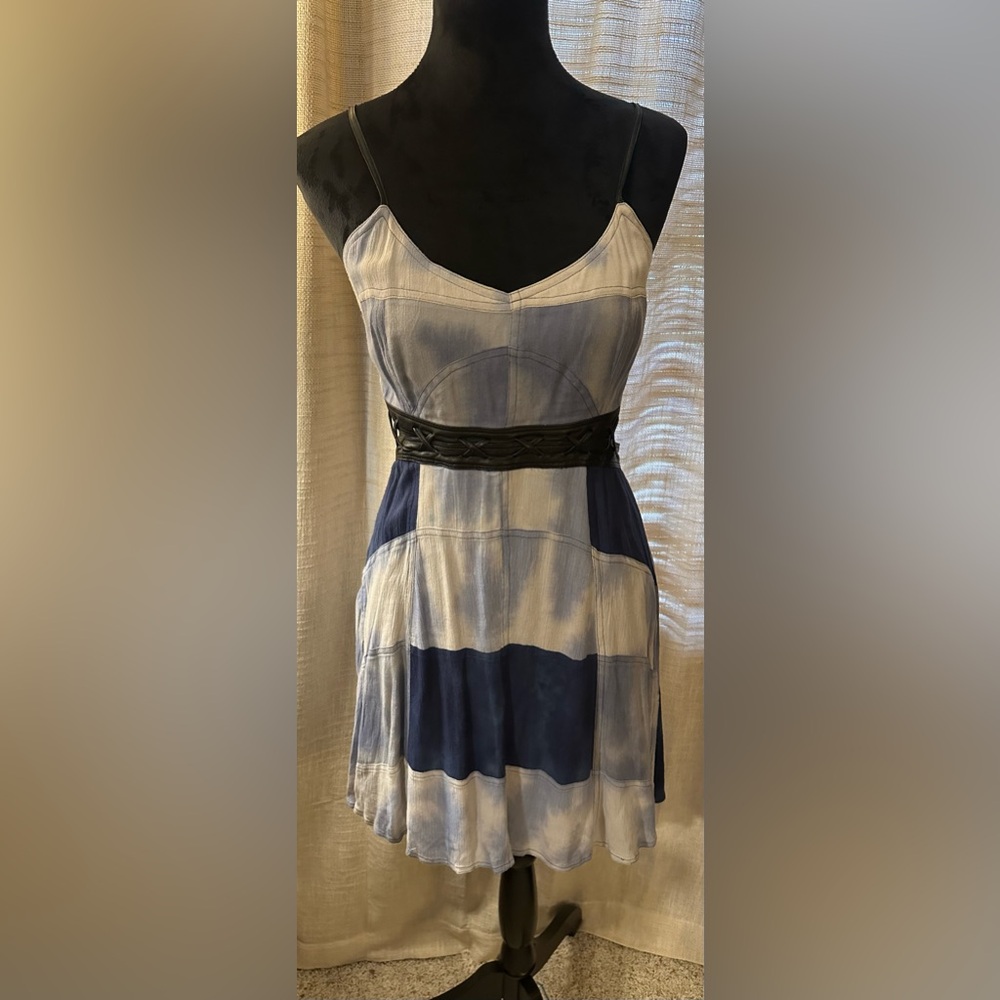 Free People Blue and Black Denim inspired Women's Dress With leather accents